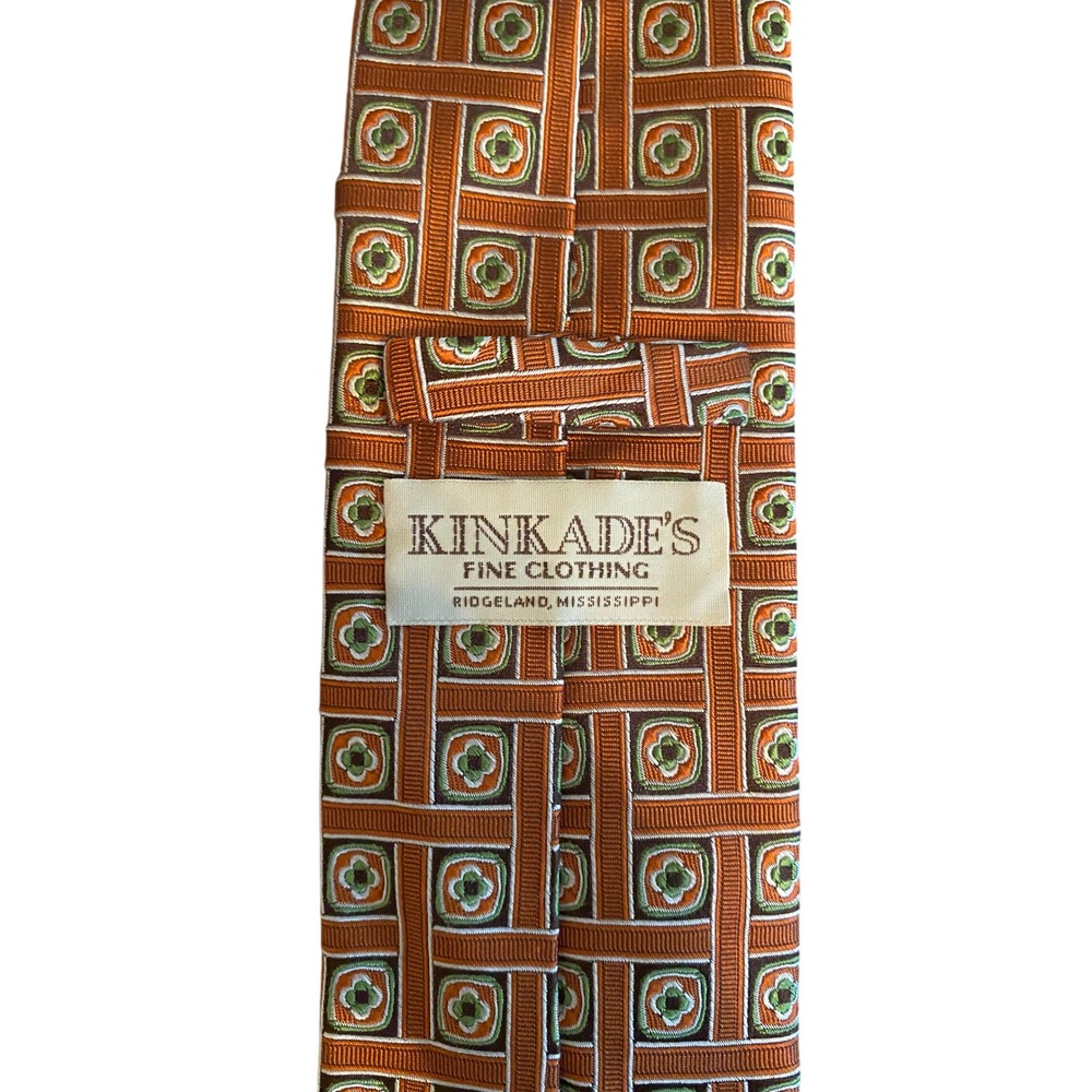 Kinkade's Fine Clothing Mens Silk Tie Orange Green Geometric Farm Bureau‎ Ins.